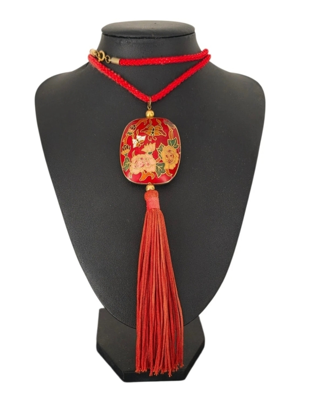 Vintage Red Cloisonne Enamel Floral Butterfly Pendant Asian Tassel Necklace 28"